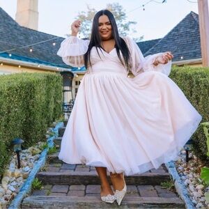 Nabela Noor X Eloquii Tiered Puff Sleeve Tulle Midi Dress in Blush Pink 18